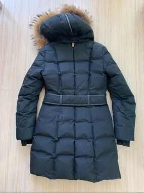 Mackage Black Long Puffer Coat with Fur-Trim Hood